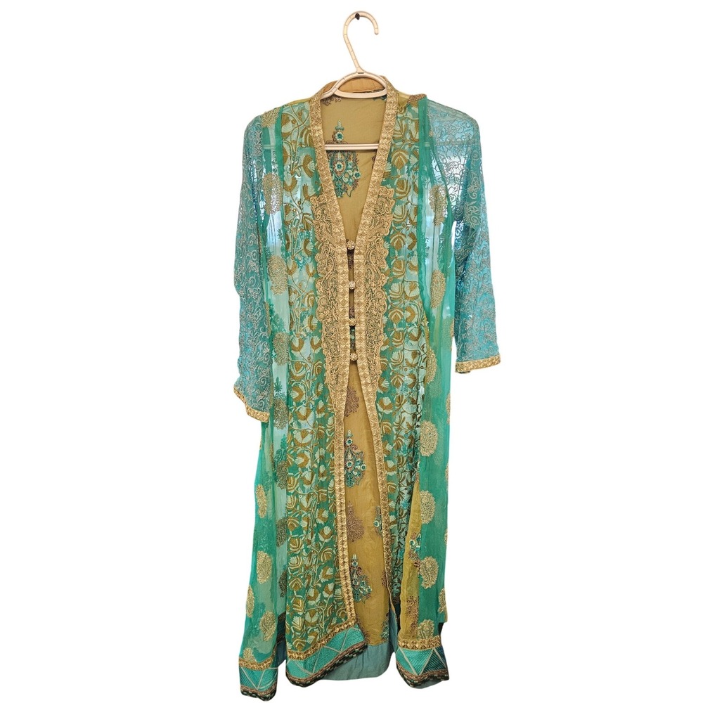 Teal‎ Gold Embroidered Lace Long Tunic Jacket gown Formal Wedding Wear